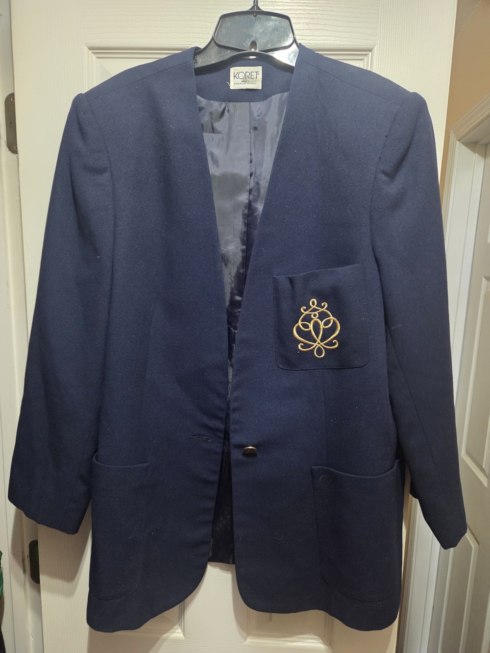 Koret Women’s Navy Blazer with Gold Embroidered Pocket Emblem